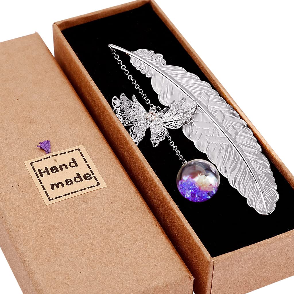 HASTHIP Metal Feather Bookmark with Glass Beads Pendant, Vintage Feather Butterfly Bookmark for Reading Enthusiasts and Gifting, Bookmark Gift for Teachers Women (Silver Bookmark, Purple Flower) HASTHIP Metal Feather Bookmark with Glass Beads Pendant, Vintage Feather Butterfly Bookmark for Reading Enthusiasts and Gifting, Bookmark Gift for Teachers Women (Silver Bookmark, Purple Flower)